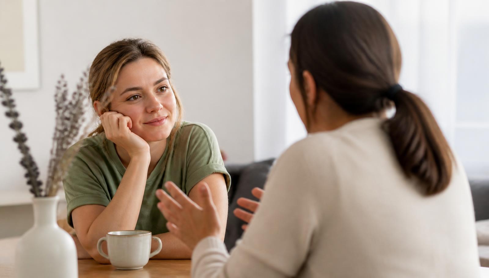 Two people in a warm, unhurried conversation across a table